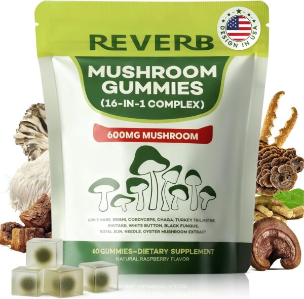 Reverb Mushroom Gummies Complejo 16 en 1 Gomitas de Hongos Funcionales Frambuesa 90 Unidades