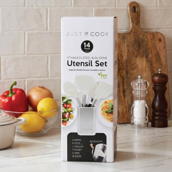 Just Cook Juego de Utensilios de Cocina de Silicona y Acero Inoxidable 14 Piezas