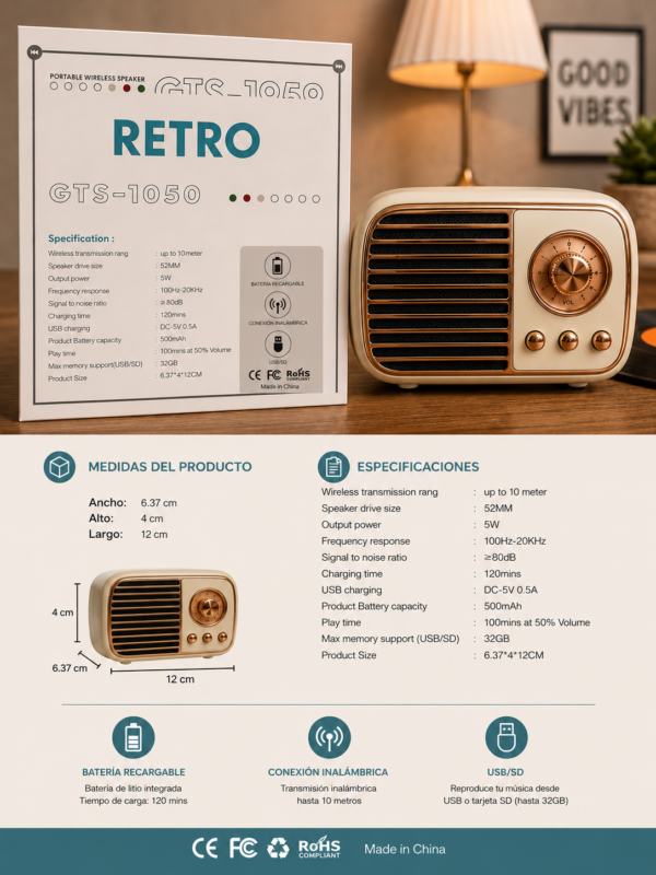 Bocina Portátil Inalámbrica Retro GTS-1050