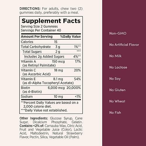 Nature's Bounty Optimal Solutions Advanced Hair, Skin & Nails 2X Biotina – 80 Gomitas de Fresa