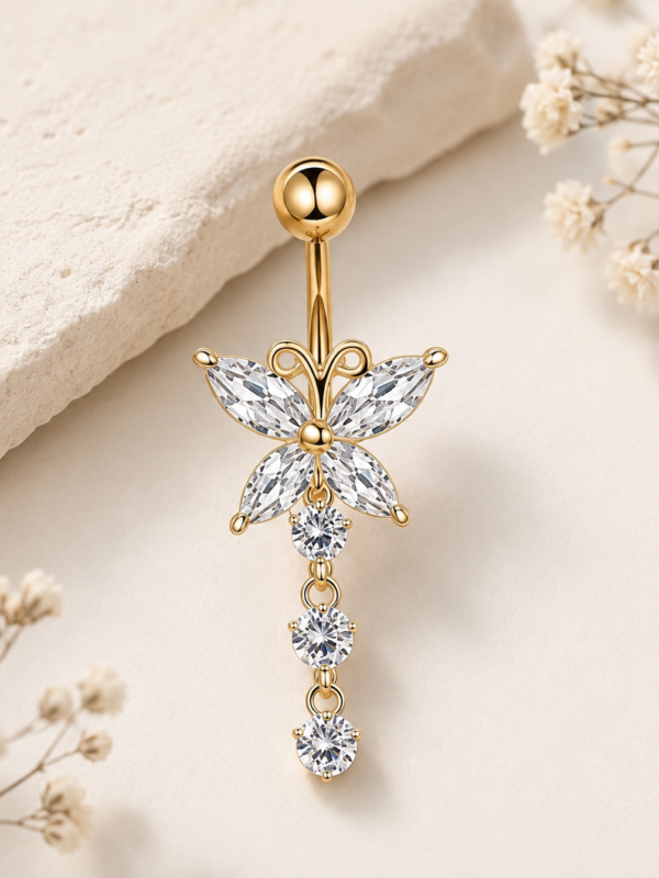 Piercing para Ombligo con Mariposa y Circonias Colgantes