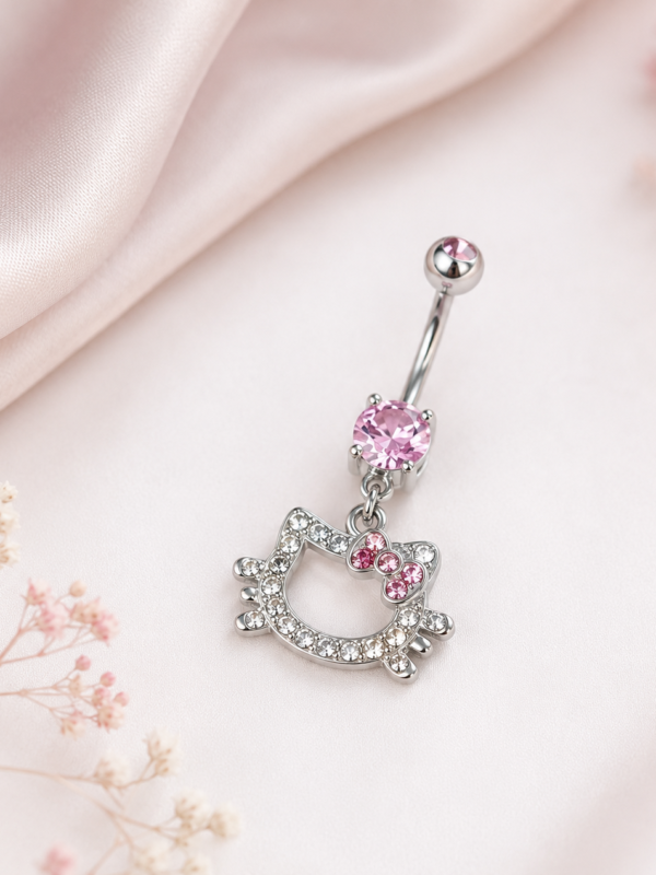 Piercing para Ombligo con Gatita, Lazo Rosa y Piedras Brillantes