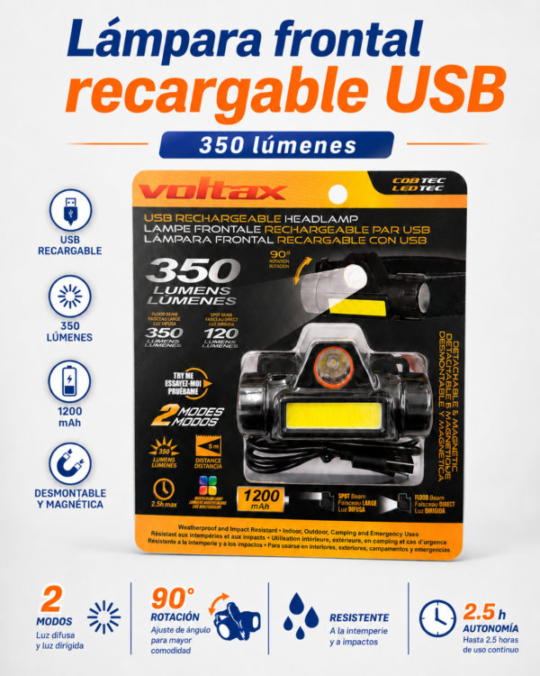Voltax Lámpara Frontal Recargable USB de 350 Lúmenes con Base Magnética