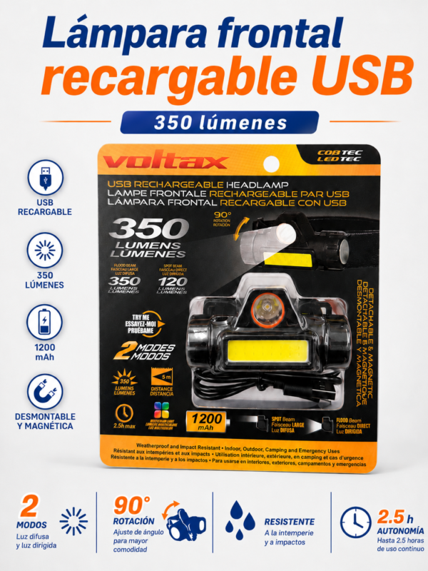 Voltax Lámpara Frontal Recargable USB de 350 Lúmenes con Base Magnética